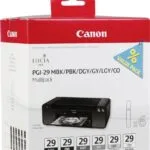 Canon PGI-29 Γνήσιο Πακέτο 6 Μελανιών Εκτυπωτή InkJet Matte Μαύρο / Photo Μαύρο / Ανοιχτό Γκρι / Γκρι / Chroma Optimizer (4868B018)