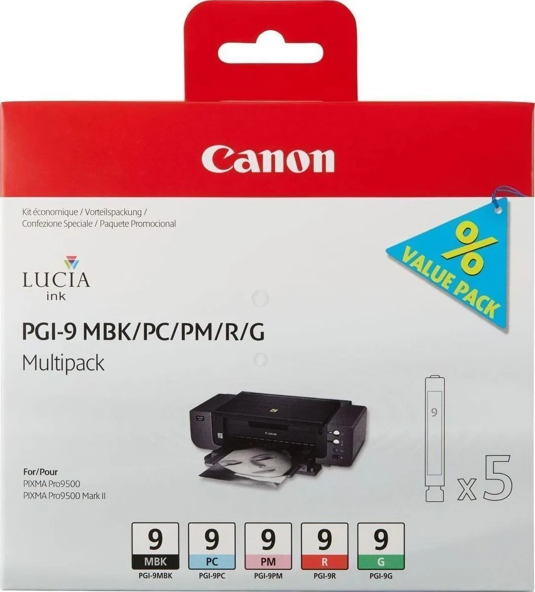 Canon PGI-9 Γνήσιο Πακέτο 5 Μελανιών Εκτυπωτή InkJet Matte Μαύρο / Photo Κυανό / Photo Ματζέντα / Κόκκινο / Πράσινο (1033B013) - Image 1