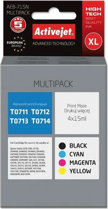 Active Jet Πακέτο Συμβατών Μελανιών Εκτυπωτή InkJet Epson T0714/T0713/T0712/T0711/T0715 15ml Πολλαπλό (Color) / Μαύρο AEB-715N - Image 1