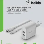 Belkin Φορτιστής με 2 Θύρες USB-A και Καλώδιο USB-C 24W Λευκός (Boost Charge)