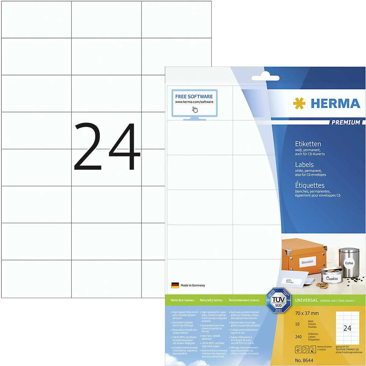Herma 240 Αυτοκόλλητες Ετικέτες Α4 Ορθογώνιες 8644 70x37mm - Image 1