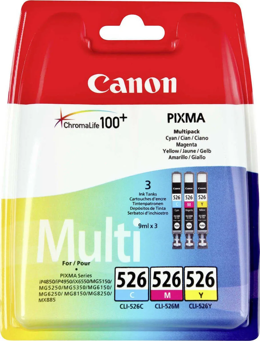 Canon CLI-526 Γνήσιο Πακέτο 3 Μελανιών Εκτυπωτή InkJet Κίτρινο / Κυανό / Ματζέντα (4541B009) - Image 1