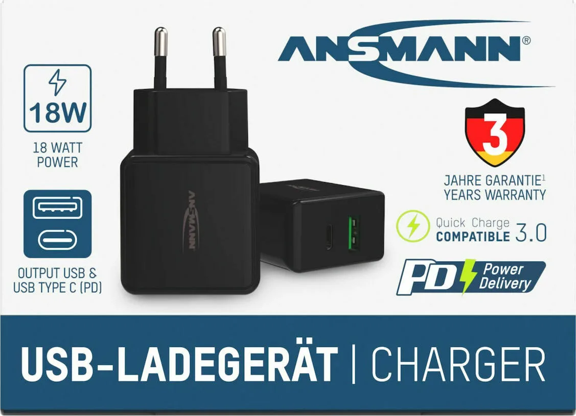 20210301162202_ansmann_usb_a_usb_c_wall_adapter_mayro_hc218pd Ansmann Φορτιστής Χωρίς Καλώδιο με Θύρα USB-A και Θύρα USB-C Μαύρος (HC218PD) - Image 1