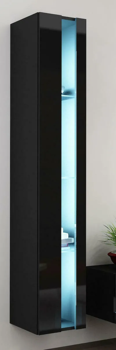 20210302165338_vigo_40x30x180cm_black_black_gloss Vigo Κρεμαστή Βιτρίνα Σαλονιού από Μοριοσανίδα με Τζάμι & Φωτισμό Black / Black Gloss 40x30x180cm - Image 1