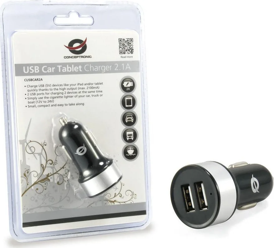 Conceptronic Φορτιστής Αυτοκινήτου 10W 2.1A με Θύρες: 1xUSB 1xType-C Μαύρος CUSBCAR2A - Image 1