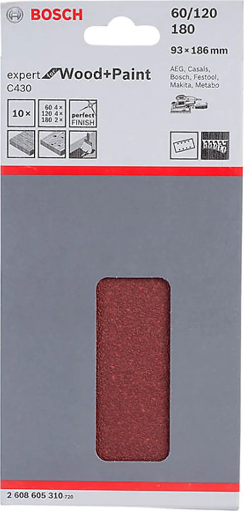 Bosch C430 Φύλλο Λείανσης Παλμικού Τριβείου K120 / K180 / K60 93x186mm Σετ 10τμχ 2608605310 - Image 1