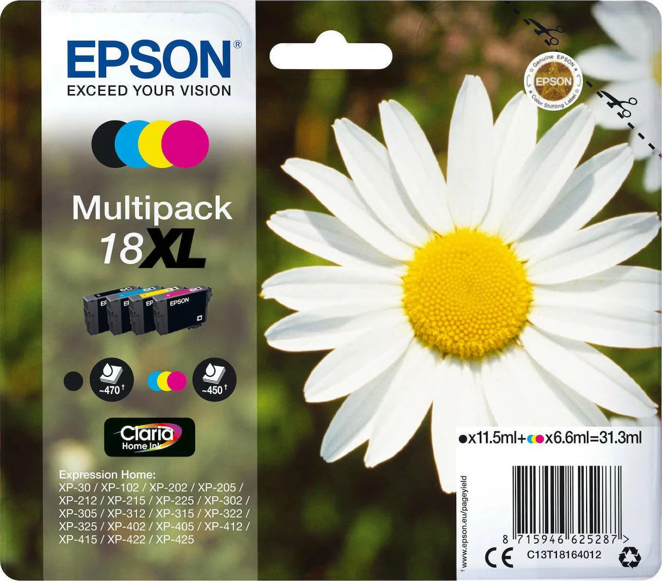Epson 18XL Γνήσιο Πακέτο 4 Μελανιών Εκτυπωτή InkJet Κίτρινο / Κυανό / Ματζέντα / Μαύρο (C13T18164010 C13T18164012) - Image 1