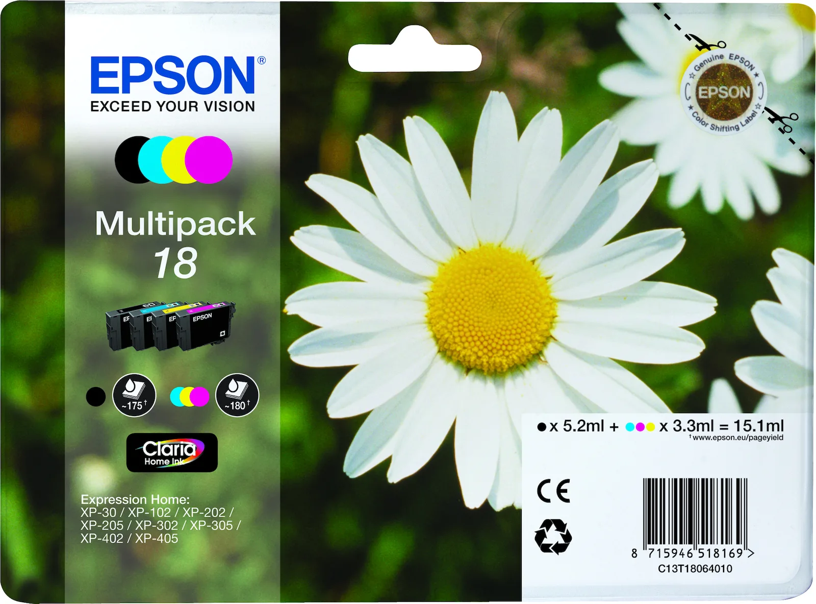 Epson 18 Γνήσιο Πακέτο 4 Μελανιών Εκτυπωτή InkJet Κίτρινο / Κυανό / Ματζέντα / Μαύρο (C13T18064010 C13T18064012) - Image 1