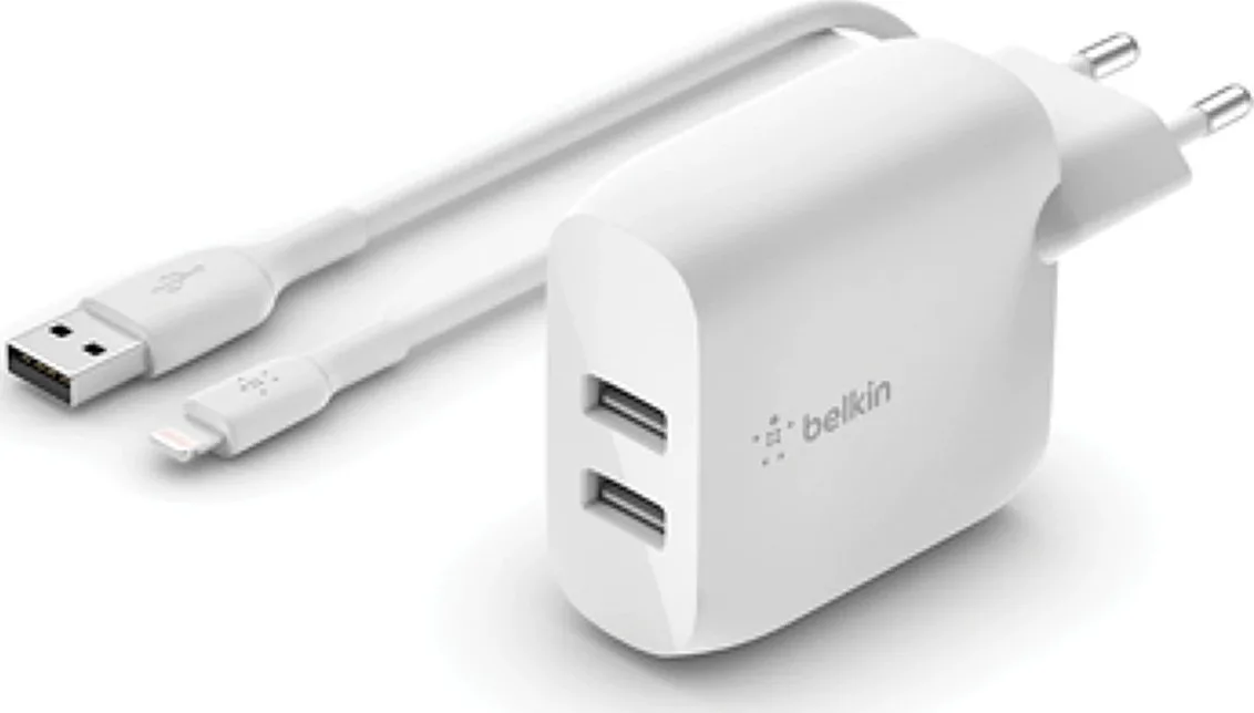 Belkin Φορτιστής με 2 Θύρες USB-A και Καλώδιο Lightning 24W Λευκός (Boost Charge) - Image 1