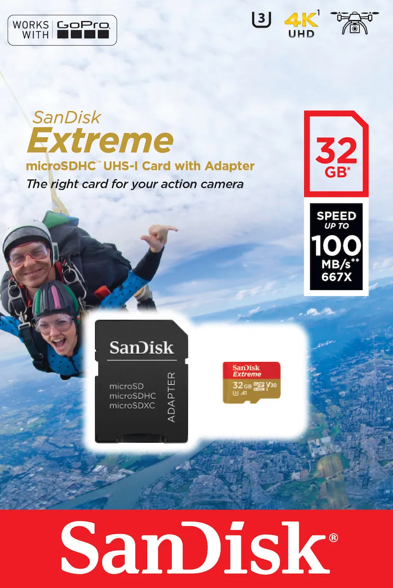 Sandisk Extreme Action microSDHC 32GB Class 10 U3 V30 A1 UHS-I με αντάπτορα - Image 1