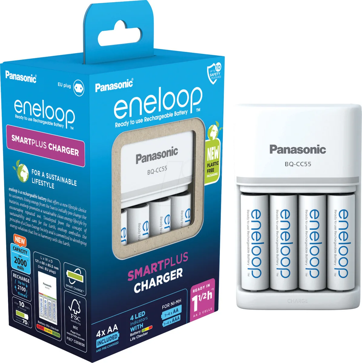 Panasonic Eneloop Smartplus BQ-CC55E Φορτιστής 4 Μπαταριών Ni-MH Μεγέθους AA/AAA Σετ με 4x AA 2000mAh σε Λευκό χρώμα - Image 1