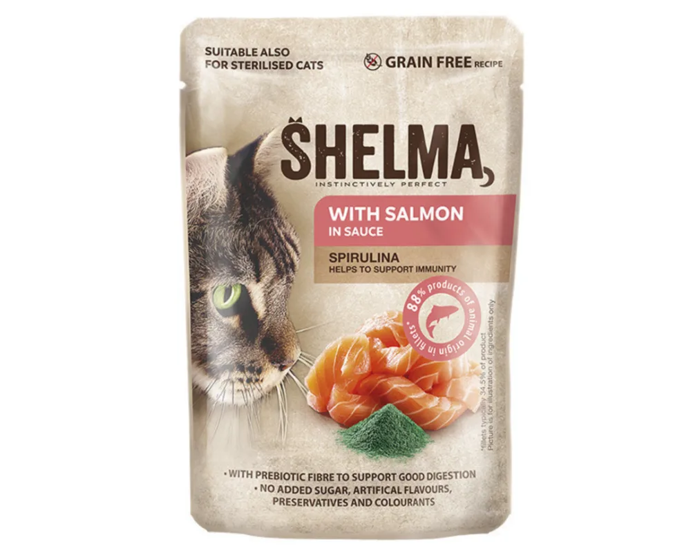 Shelma Spirulina Υγρή Τροφή για Γάτες σε Φακελάκι με Σολομό χωρίς Σιτηρά 85gr - Image 1