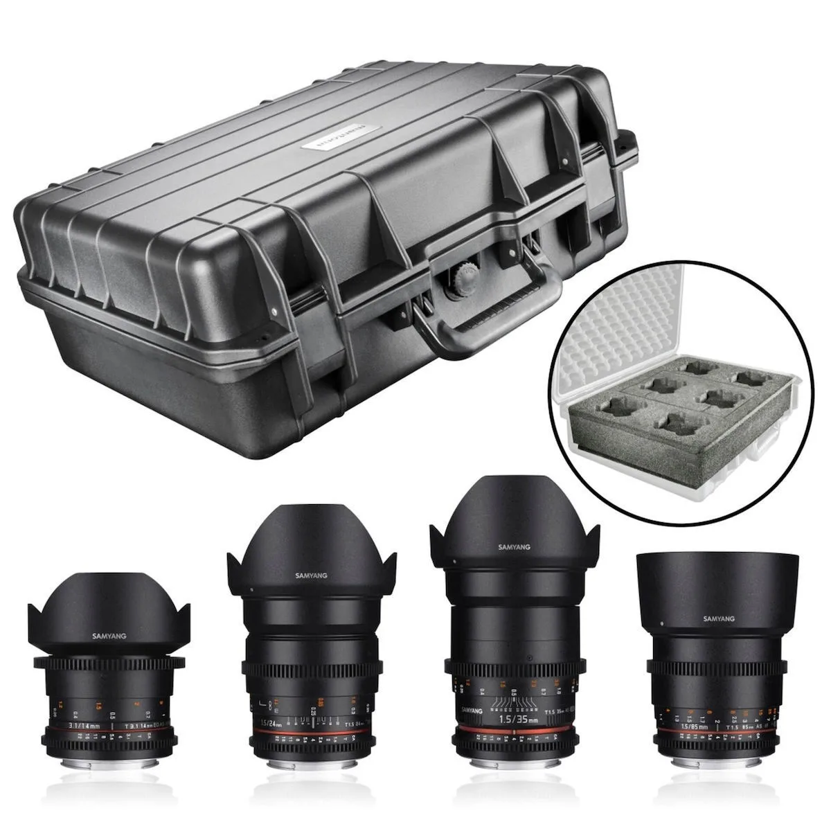 Samyang Kit Φωτογραφικών Φακών Video DSLR Basic Set (Samyang 35/1,5 + Samyang 85/1,5 + Samyang 14/3,1 + Samyang 24/1,5 + Mantona Outdoor Protection Case L) Wide Angle για Sony E Mount Μαύρος - Image 1