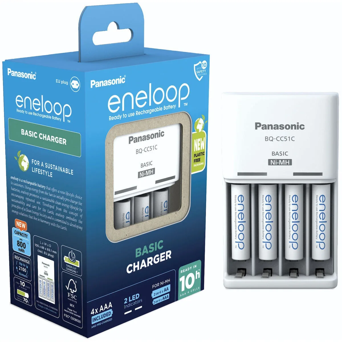 Panasonic Eneloop Basic BQ-CC51 Φορτιστής 4 Μπαταριών Ni-MH Μεγέθους AA/AAA Σετ με 4x AAA 800mAh σε Λευκό χρώμα - Image 1