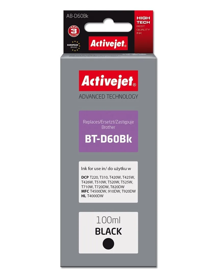 Active Jet Συμβατό Μελάνι Εκτυπωτή InkJet Brother BT-D60BK 100ml Μαύρο 1τμχ AB-D60BK - Image 1