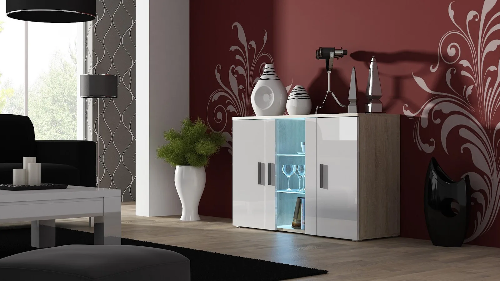 20231120153645_mpoufes_xylinos_sonoma_oak_white_gloss_120x41x80cm Μπουφές Ξύλινος Sonoma oak/white gloss 120x41x80cm - Image 1