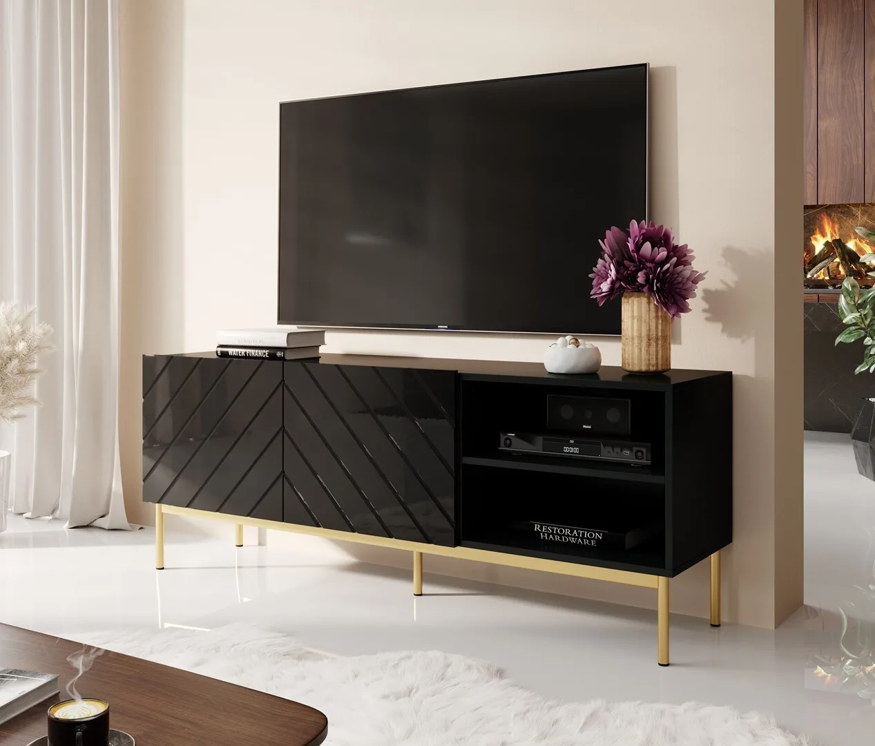 Έπιπλο Τηλεόρασης Μεταλλικό Black/Gloss Black Μ150xΠ42xΥ60cm ABETORTV15+ST - Image 1