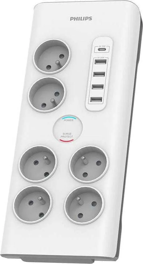 Philips Πολύπριζο Aσφαλείας 6 Θέσεων με 4 USB-A, 1 USB-C και Καλώδιο 2m Γαλλίας (Type E) 1_792802 - Image 1