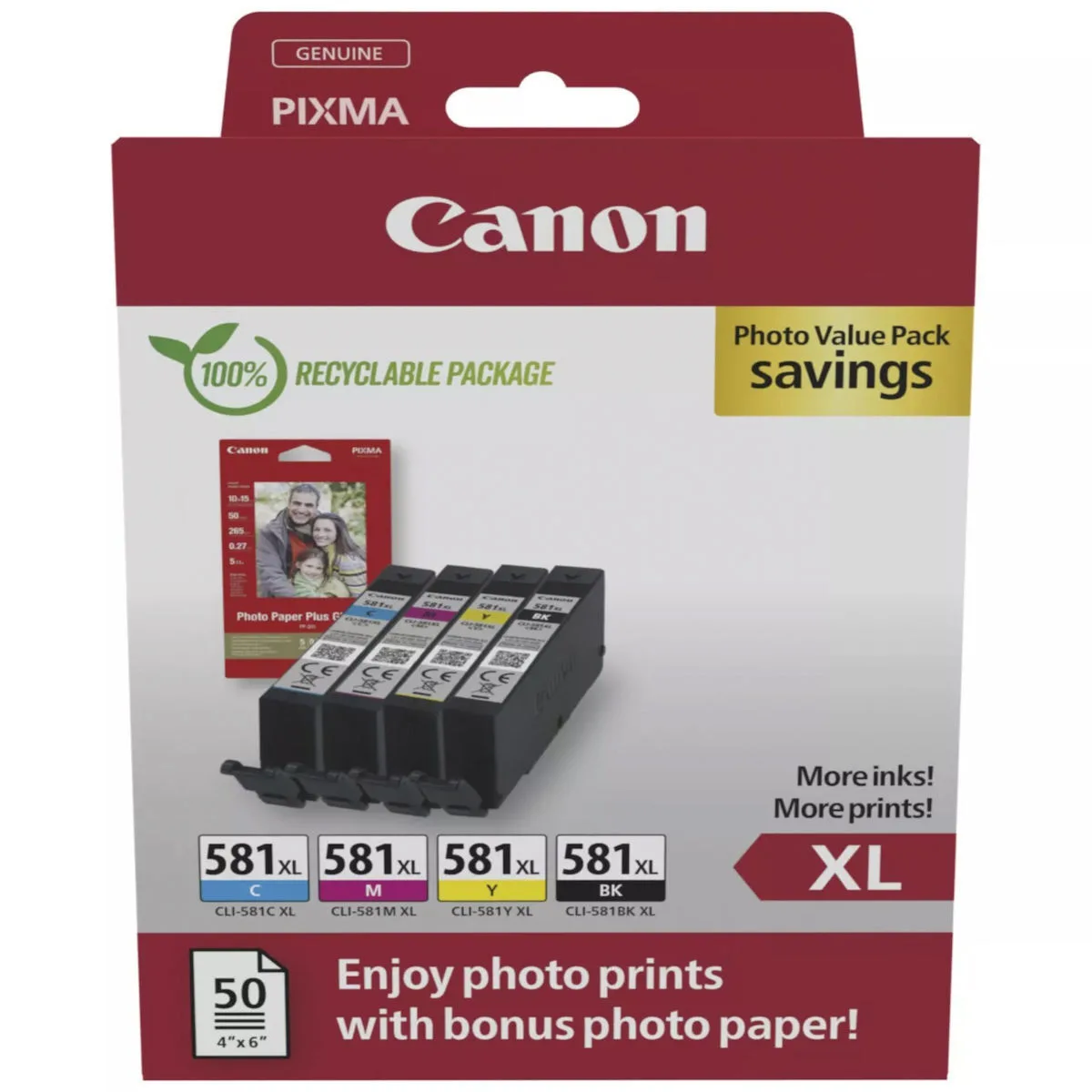Canon CLI-581XL Γνήσιο Photo Value Pack με 4 Μελάνια Εκτυπωτή InkJet Κίτρινο / Κυανό / Ματζέντα / Μαύρο (2052C006) - Image 1