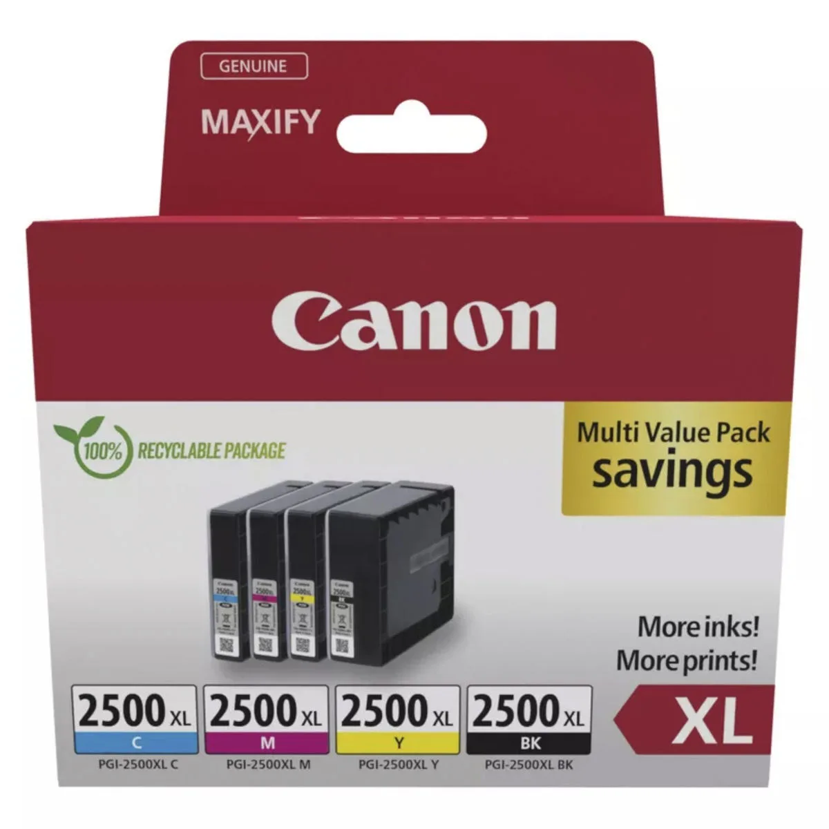 Canon PGI-2500XL Γνήσιο Πακέτο 4 Μελανιών Εκτυπωτή InkJet Κίτρινο / Κυανό / Ματζέντα / Μαύρο (9254B010) - Image 1