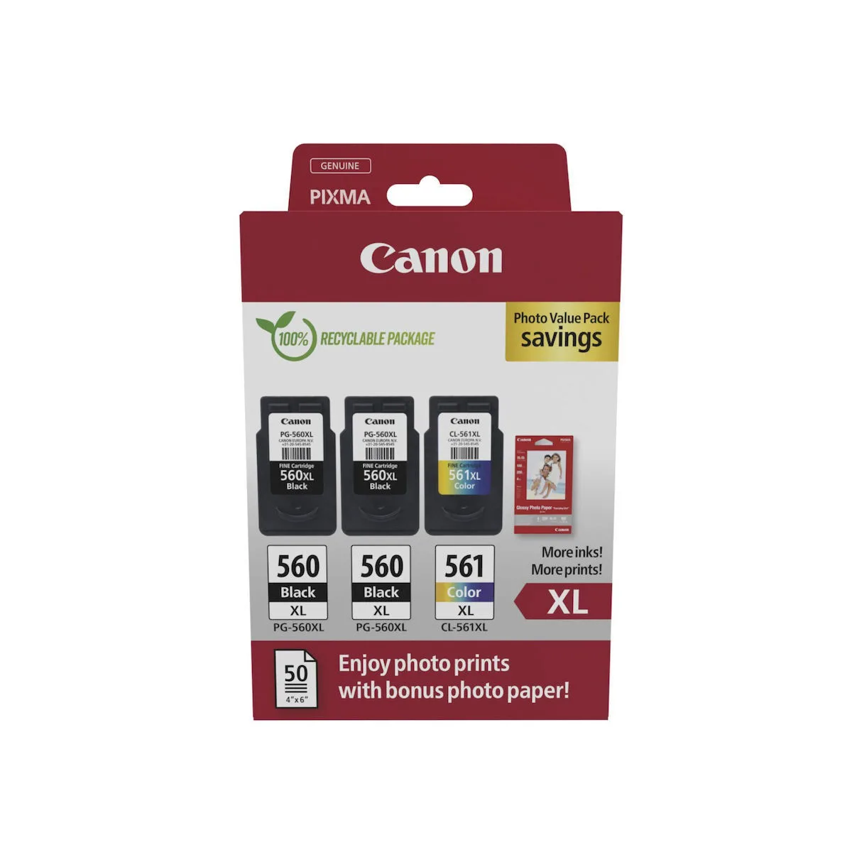 Canon PG-560 XL Γνήσιο Photo Value Pack με 3 Μελάνια Εκτυπωτή InkJet Μαύρο / Πολλαπλό (Color) (3712C012) - Image 1