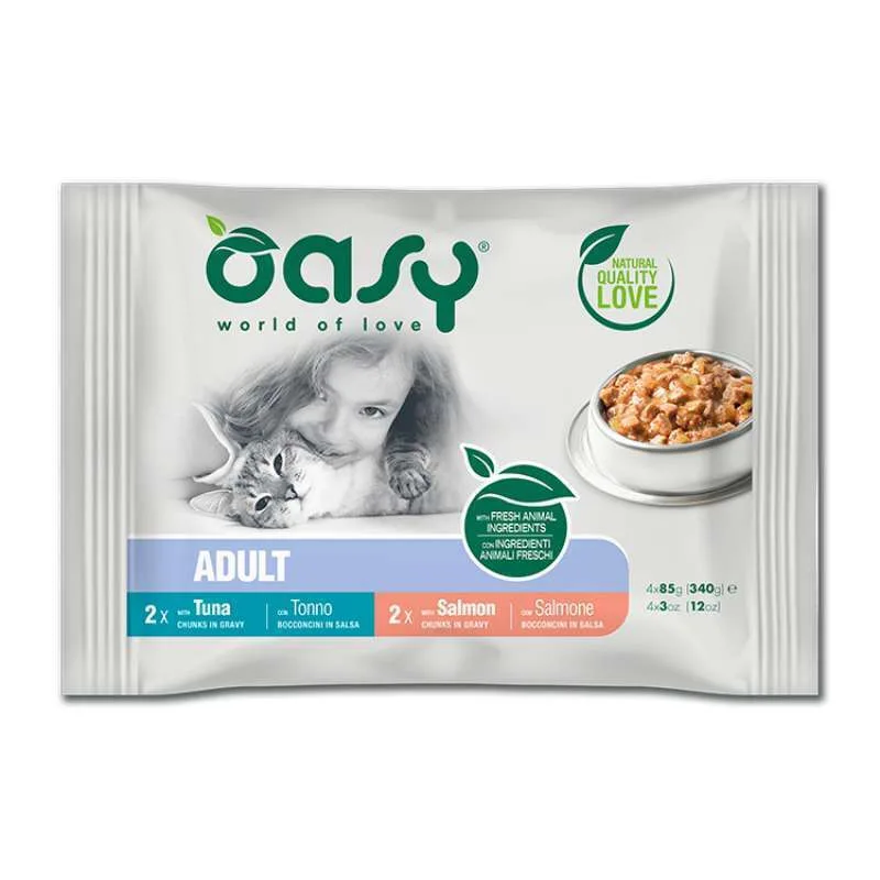 Oasy Υγρή Τροφή για Ενήλικες Γάτες σε Φακελάκι με Ψάρια, Σολομό και Τόνο 4x85gr - Image 1