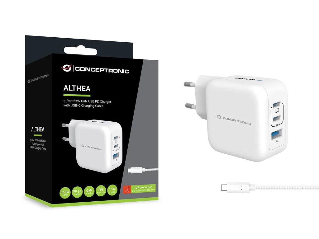 Conceptronic Φορτιστής GaN με Θύρα USB-A και 2 Θύρες USB-C και Καλώδιο USB-C - USB-C 67W Power Delivery Λευκός (ALTHEA17W) - Image 1