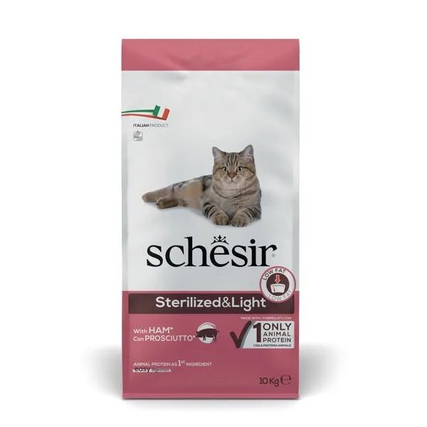 Schesir Sterilized & Light Ξηρά Τροφή χωρίς Γλουτένη για Ενήλικες Στειρωμένες Γάτες με Ζαμπόν / Χοιρινό 10kg - Image 1