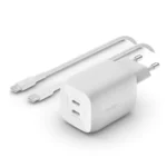Belkin Φορτιστής GaN με 2 Θύρες USB-C και Καλώδιο USB-C 65W Power Delivery Λευκός (WCH013VF2MWH-B6)