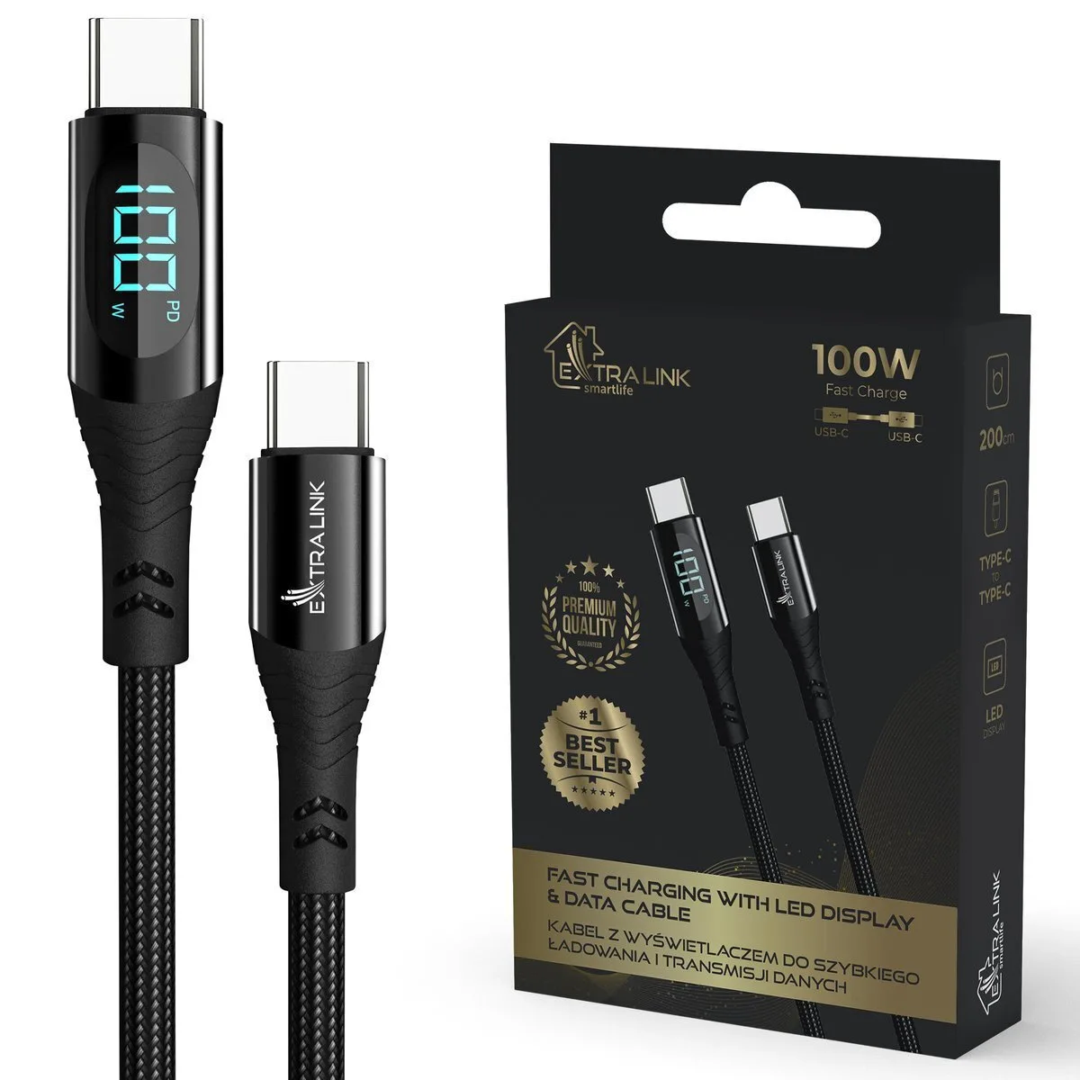 Extralink Braided / LED USB 2.0 Cable USB-C male - USB-C 100W Μαύρο 2m - Image 1