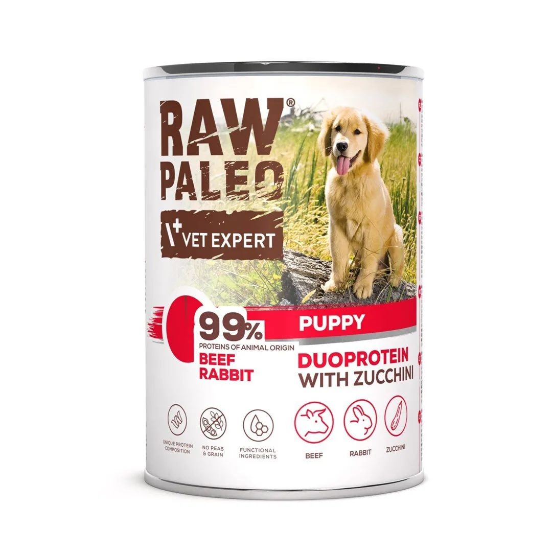 VetExpert Raw Paleo Υγρή Τροφή για Κουτάβια σε Κονσέρβα με Βοδινό, Κουνέλι και Κρέας χωρίς Σιτηρά & Γλουτένη 400gr - Image 1