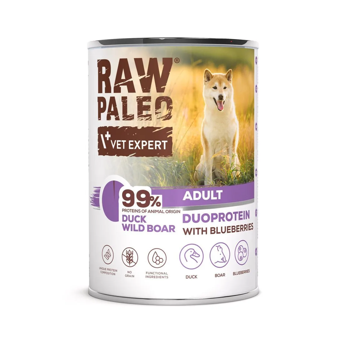 VetExpert Raw Paleo Υγρή Τροφή Σκύλων σε Κονσέρβα με Πάπια και Αγριογούρουνο χωρίς Σιτηρά & Γλουτένη 400gr - Image 1