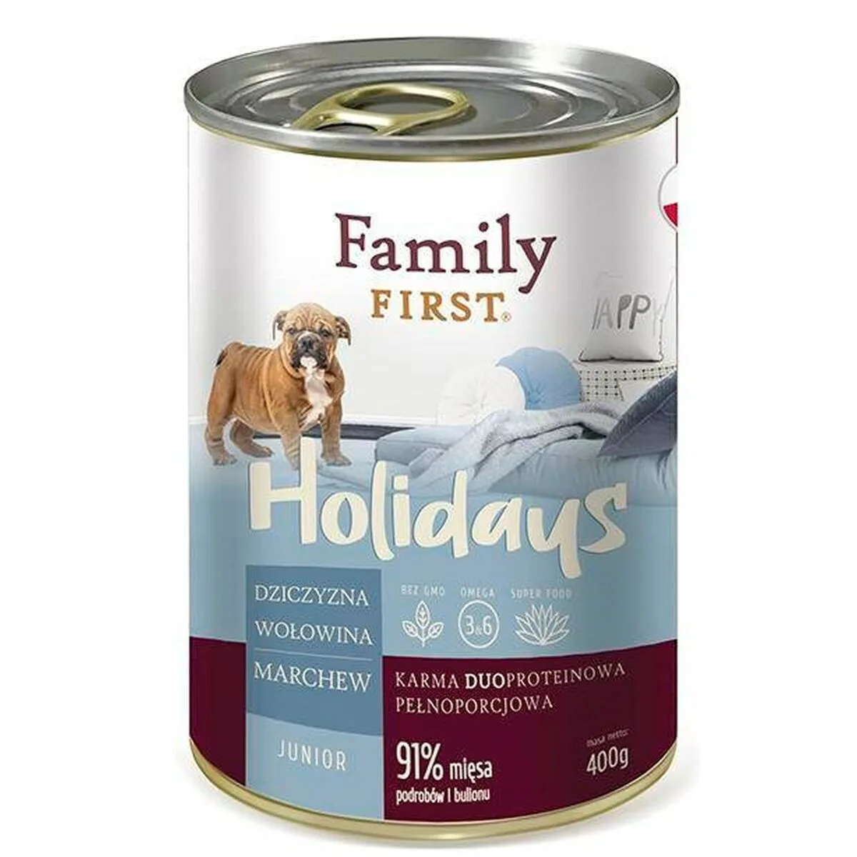 Family First Holidays Υγρή Τροφή για Κουτάβια σε Κονσέρβα με Βοδινό, Ελάφι και Καρότο χωρίς Γλουτένη 400gr FF-19081 - Image 1