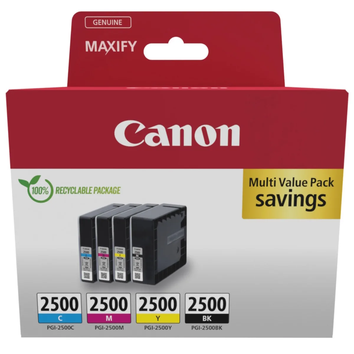 Canon PGI-2500 Γνήσιο Πακέτο 4 Μελανιών Εκτυπωτή InkJet Κίτρινο / Κυανό / Ματζέντα / Μαύρο (9290B006) - Image 1