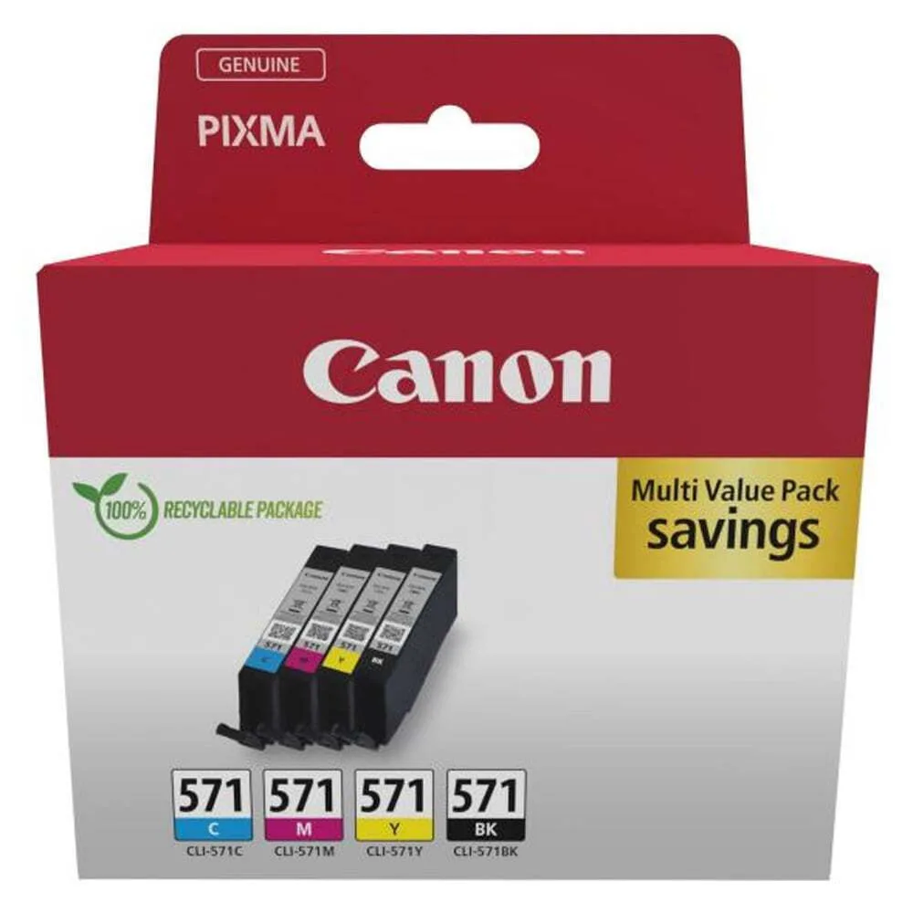 Canon CLI-571 Γνήσιο Πακέτο 4 Μελανιών Εκτυπωτή InkJet Κίτρινο / Κυανό / Ματζέντα / Μαύρο (0386C008) - Image 1