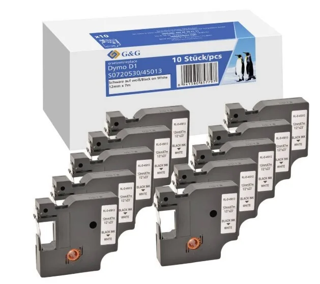 G&G Ταινία Ετικετογράφου 1m x 12mm σε Μαύρο Χρώμα RL-D-45013P-BK/WT-12MM7M-10P - Image 1