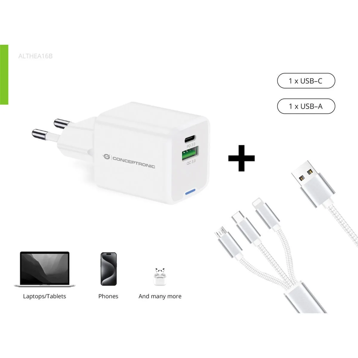 Conceptronic Φορτιστής με Θύρα USB-A και Θύρα USB-C 33W Power Delivery / Quick Charge 2.0 Λευκός (ALTHEA16W) - Image 1