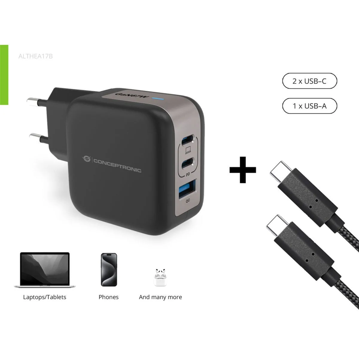 Conceptronic Φορτιστής με Θύρα USB-A και 2 Θύρες USB-C και Καλώδιο USB-C - USB-C 67W Power Delivery Μαύρος (ALTHEA17B) - Image 1