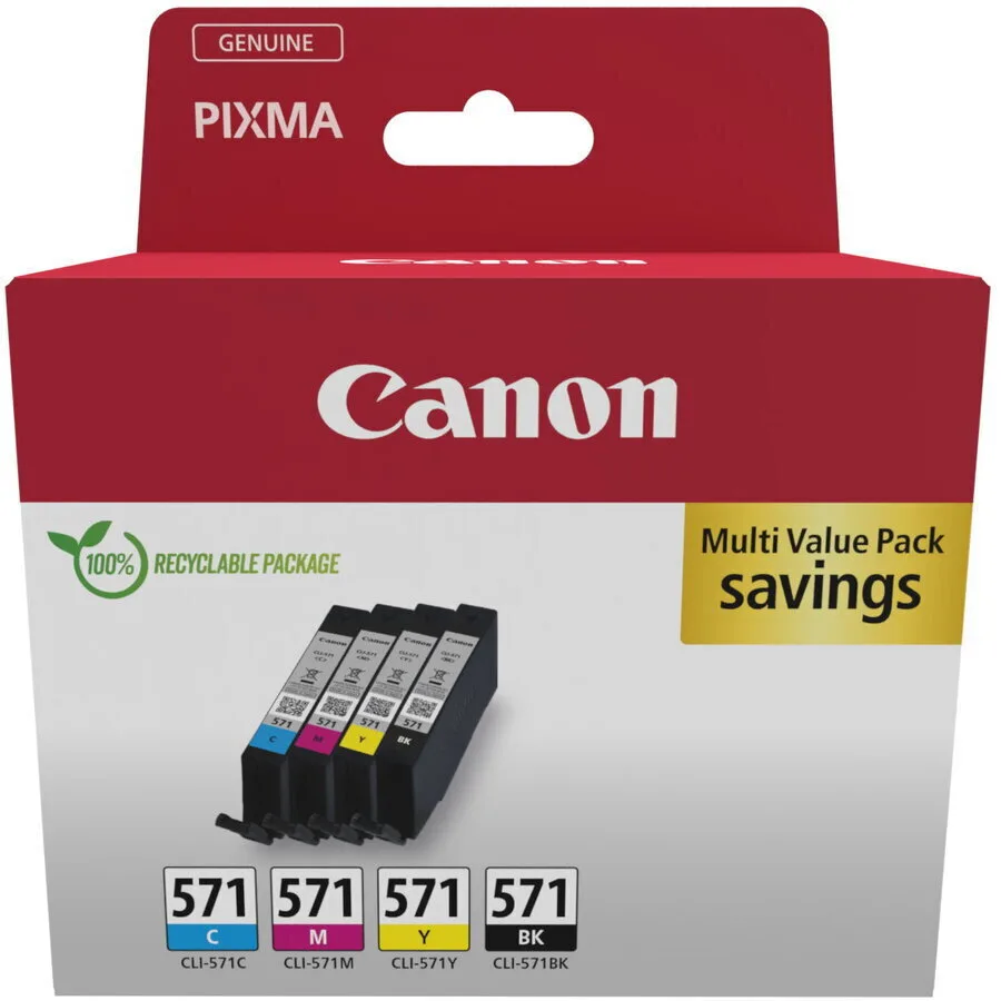 Canon CLI-571 Γνήσιο Πακέτο 4 Μελανιών Εκτυπωτή InkJet Κίτρινο / Κυανό / Ματζέντα / Μαύρο (0386C009) - Image 1