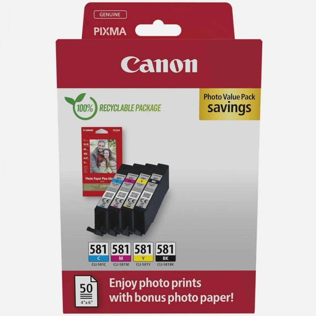 Canon CLI-581 Γνήσιο Photo Value Pack με 1 Μελάνι InkJet Κυανό / Ματζέντα / Κίτρινο / Μαύρο (2106C006) - Image 1