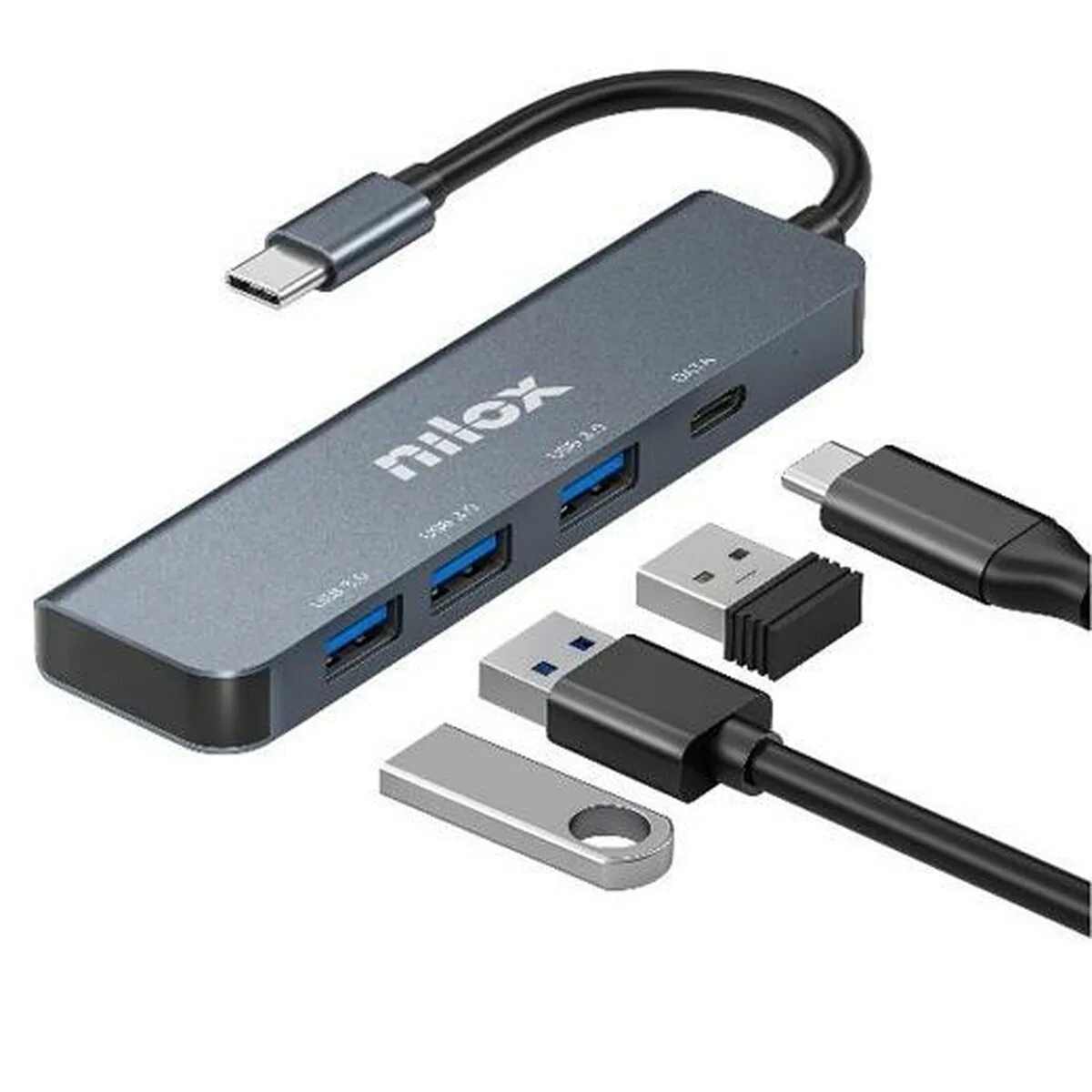 Nilox USB 3.0 Hub 4 Θυρών με σύνδεση USB-C Γκρι (5812) - Image 1