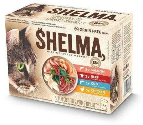 Shelma Pouch Complete Grain-free Food Adult Cats Chicken Beef Salmon Cod 12x 85 G - Image 1