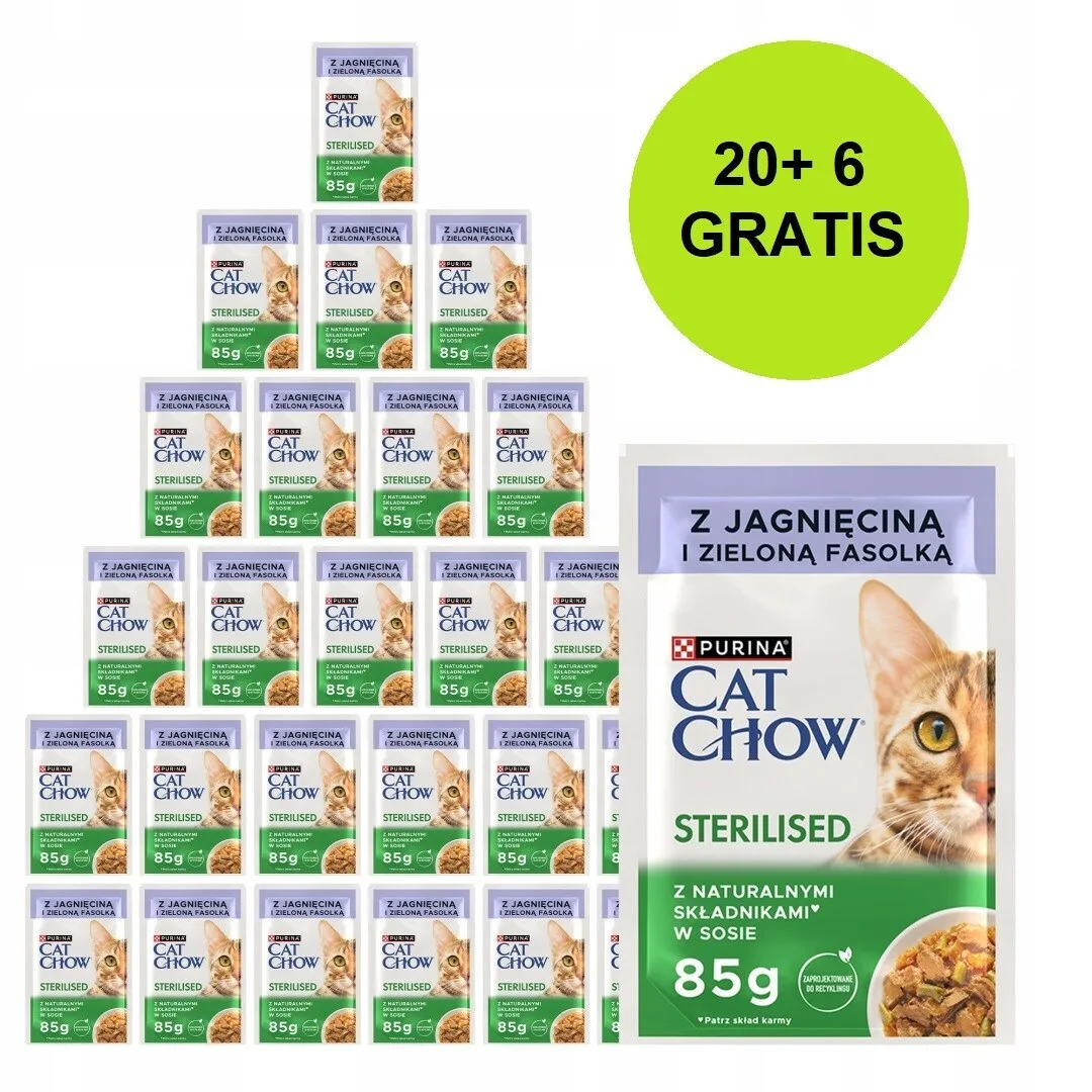 Purina Cat Chow Sterilised Lamb Green Beans In Sauce Wet Cat Food 26x85g 20 + 6 Gratis - Image 1