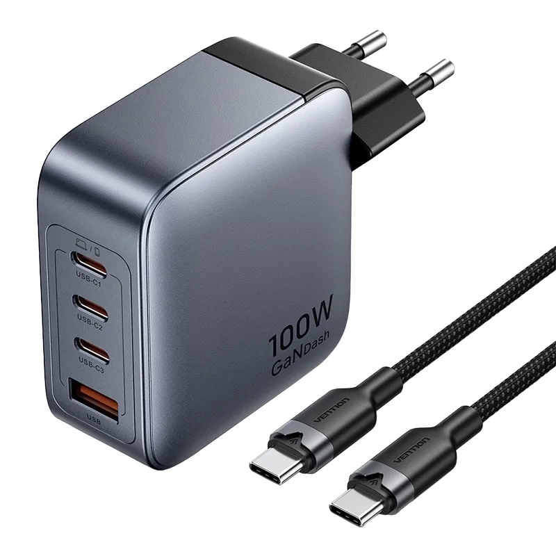 20251121161353_74bcb342 Vention Φορτιστής GaN με Θύρα USB-A και 3 Θύρες USB-C και Καλώδιο USB-C - USB-C 100W Power Delivery Γκρι (TZ-FETH0-EU) - Image 1