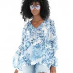 Guess Τουνίκ με Μανίκι 3/4 με V Λαιμόκοψη Floral Μπλε W3GH60WDW52-P7FR