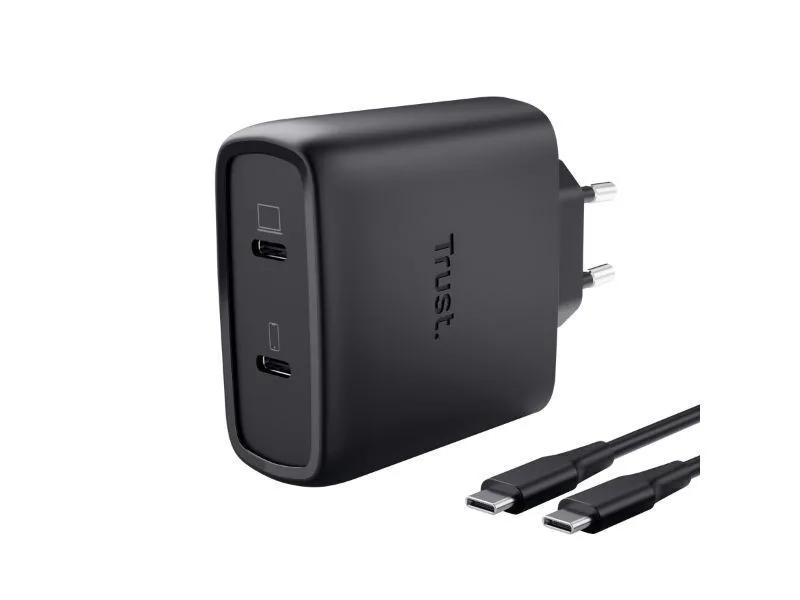 20260309110426_trust_fortistis_gan_me_2_thyres_usb_c_kai_kalodio_usb_c_usb_c_65w_mayros_maxo Trust Φορτιστής GaN με 2 Θύρες USB-C και Καλώδιο USB-C - USB-C 65W Μαύρος (Maxo) - Image 1