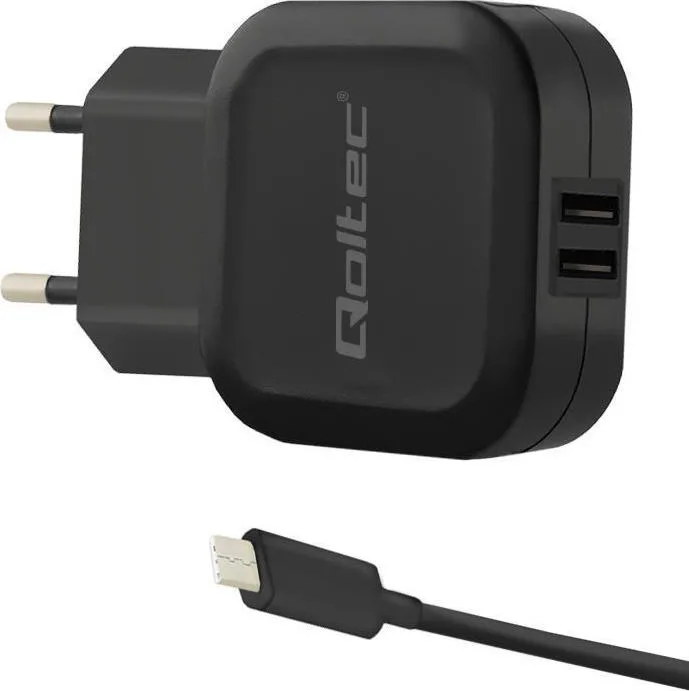 Qoltec Φορτιστής με 2 Θύρες USB-A και Καλώδιο USB-C 17W Μαύρος (50188) - Image 1