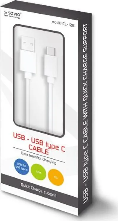 Savio USB 2.0 Cable USB-C male - USB-A Λευκό 1m (CL-126) - Image 1