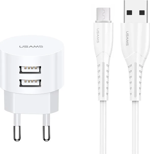 Usams Φορτιστής με 2 Θύρες USB-A και Καλώδιο micro USB Λευκός (T20) - Image 1