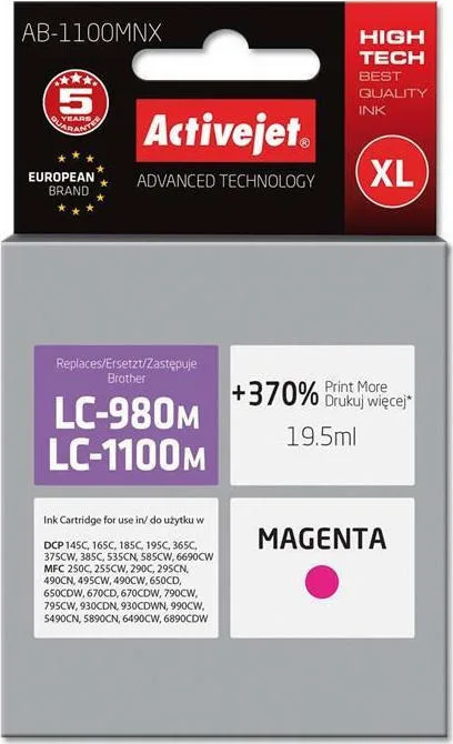 20201221122244_active_jet_symvato_melani_brother_lc1100_lc980m_matzenta Active Jet Συμβατό Μελάνι Εκτυπωτή InkJet Brother LC-1100M/LC-980M 19.5ml Ματζέντα 1τμχ AB-1100MNX - Image 1